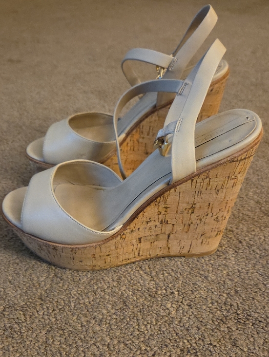 Aldo Shoes - Aldo Cream Leather Cork Wedge Sandals with Slingback Strap